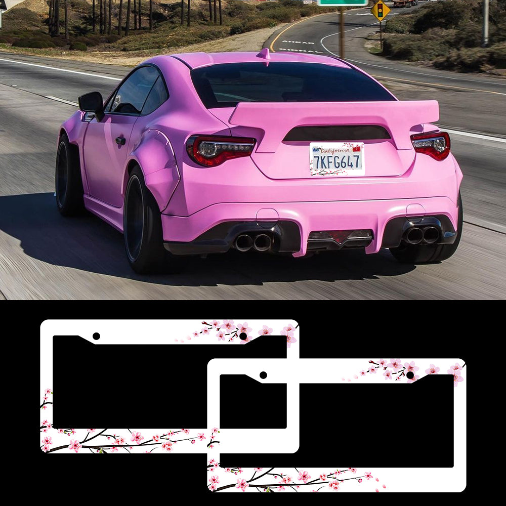 Brand New Universal 2PCS Sakura JDM Flower ABS Plastic White License Plate Frame