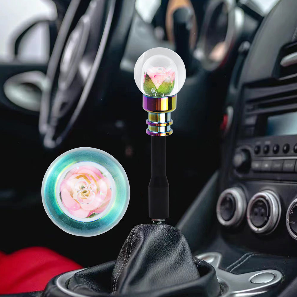 Brand New Universal Acrylic Clear Crystal Yellow/Pink Rose Flower Ball Manuel Gear Stick Shift Knob M8 M10 M12 & Black Shifter Extender Extension