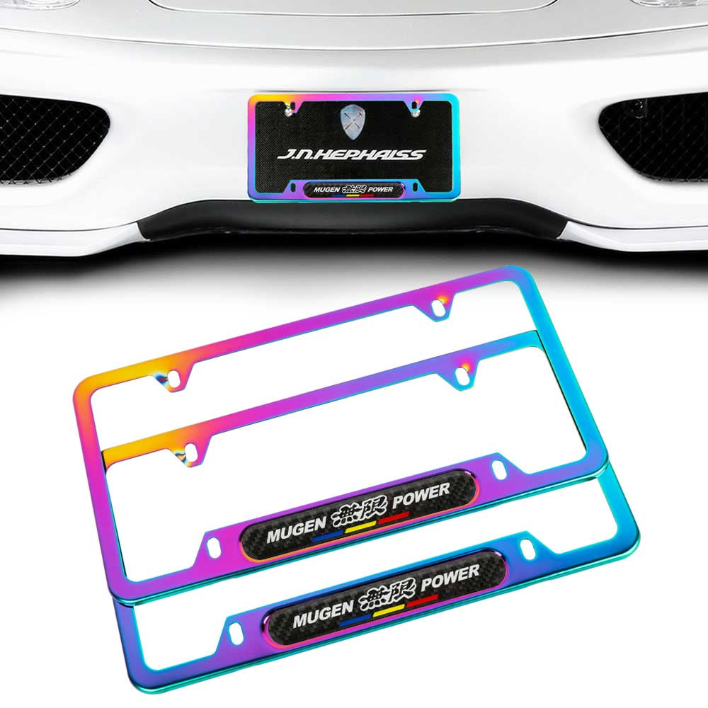 Brand New Universal 2PCS Mugen Power Neo Chrome Metal License Plate Frame