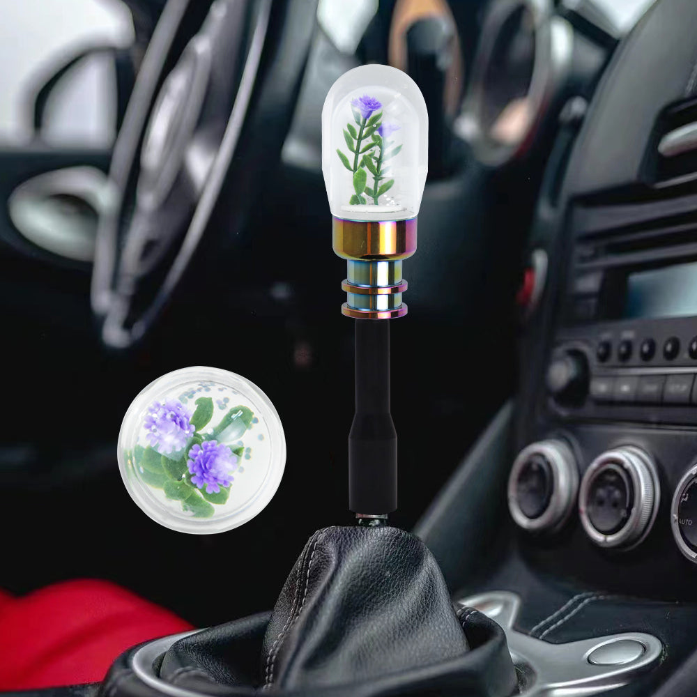 Brand New Acrylic Clear Crystal Purple Flower Long Manuel Gear Stick Shift Knob M8 M10 M12 & Black Shifter Extender Extension