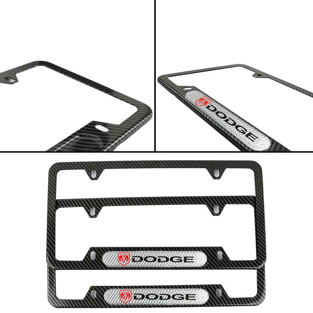 Brand New Universal 2PCS Dodge Carbon Fiber Look Metal License Plate Frame