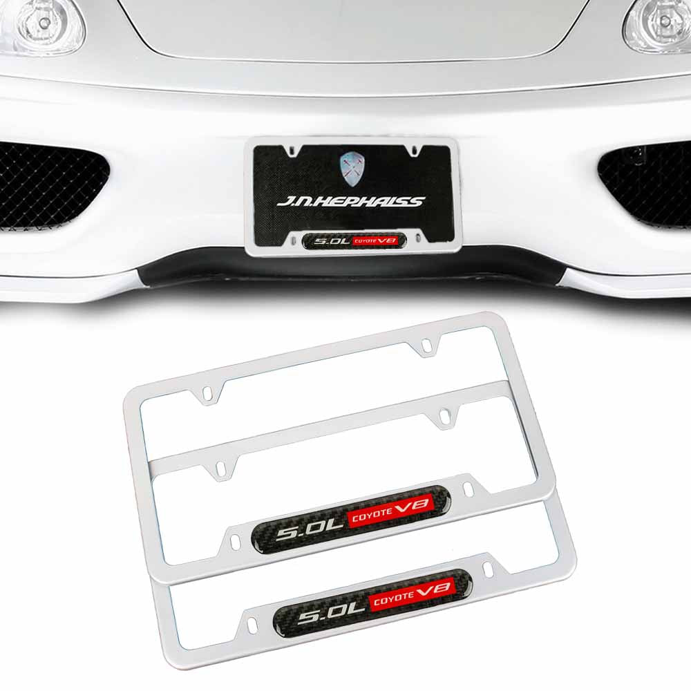 Brand New Universal 2PCS 5.0L COYOTE V8 Silver Metal License Plate Frame