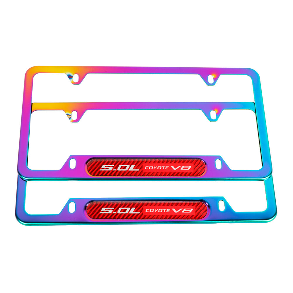 Brand New Universal 2PCS 5.0L COYOTE V8 Neo Chrome Metal License Plate Frame