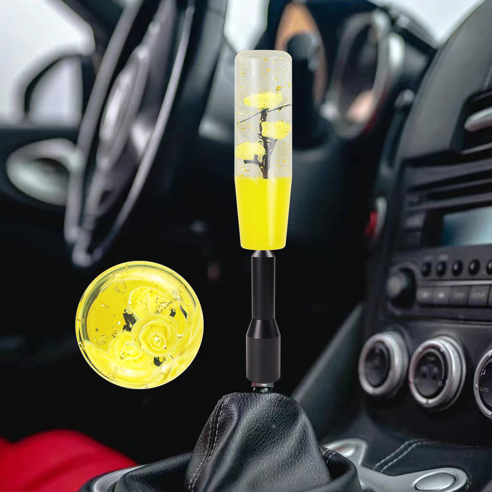 Brand New JDM Glitter Yellow Rose Flowers Manuel Gear Stick Shift Knob M8 M10 M12 & Black Shifter Extender Extension