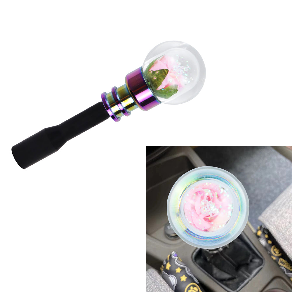 Brand New Universal Acrylic Clear Crystal Pink Rose Flower Ball Manuel Gear Stick Shift Knob M8 M10 M12 & Black Shifter Extender Extension