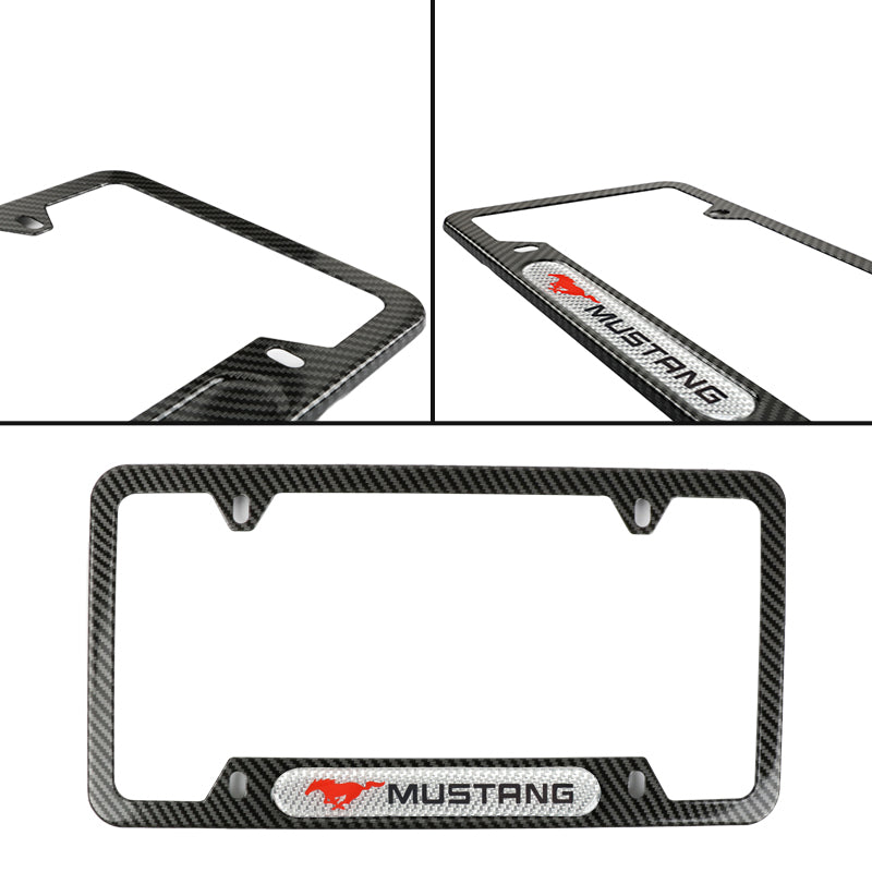 Brand New Universal 1PCS Mustang Carbon Fiber Look Metal License Plate Frame