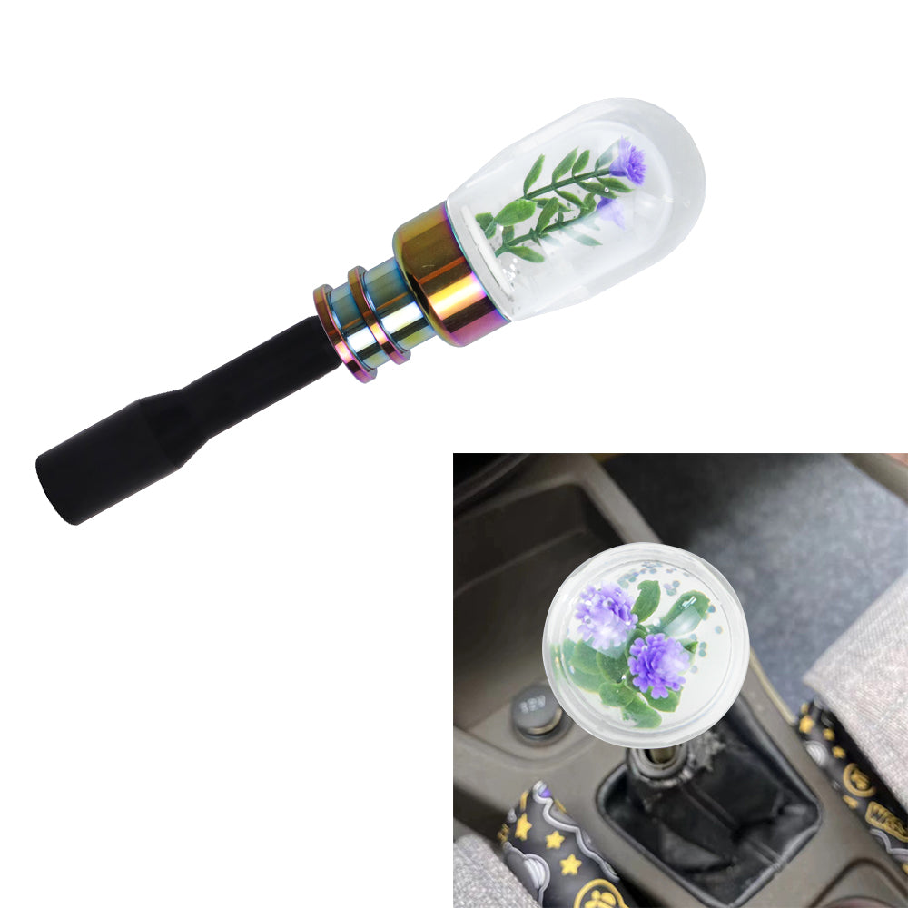 Brand New Acrylic Clear Crystal Purple Flower Long Manuel Gear Stick Shift Knob M8 M10 M12 & Black Shifter Extender Extension