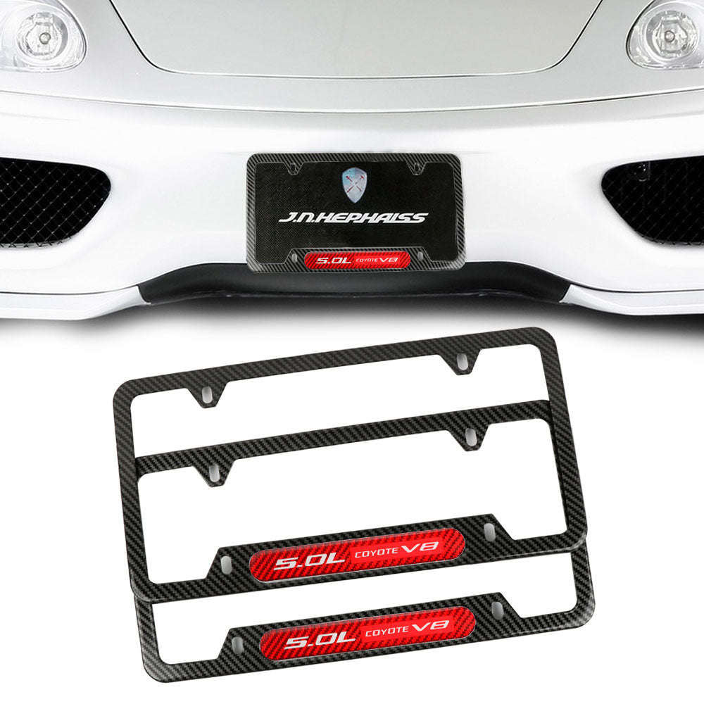 Brand New Universal 2PCS 5.0L COYOTE V8 Carbon Fiber Look Metal License Plate Frame