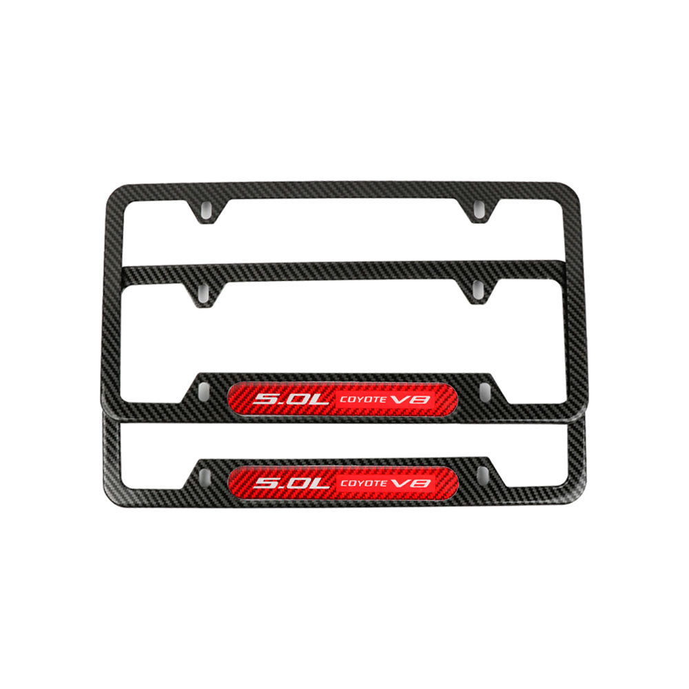 Brand New Universal 2PCS 5.0L COYOTE V8 Carbon Fiber Look Metal License Plate Frame