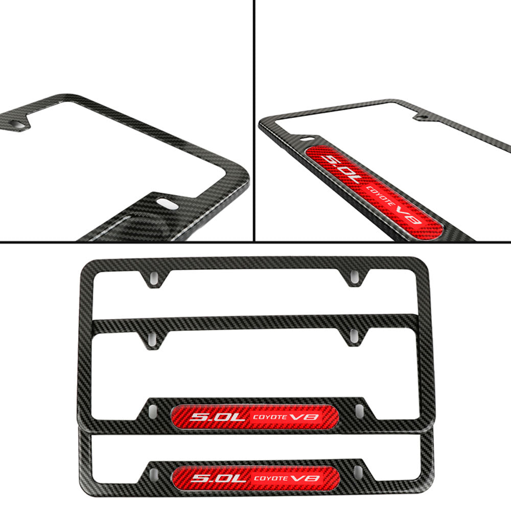 Brand New Universal 2PCS 5.0L COYOTE V8 Carbon Fiber Look Metal License Plate Frame