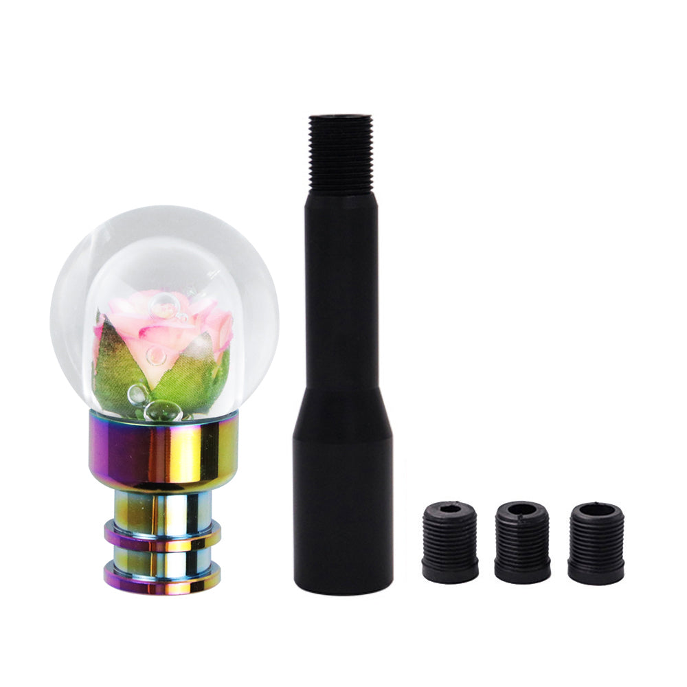 Brand New Universal Acrylic Clear Crystal Yellow/Pink Rose Flower Ball Manuel Gear Stick Shift Knob M8 M10 M12 & Black Shifter Extender Extension