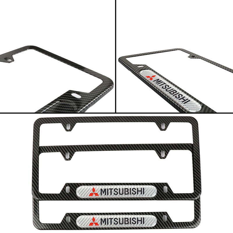 Brand New Universal 2PCS MITSUBISHI Carbon Fiber Look Metal License Plate Frame