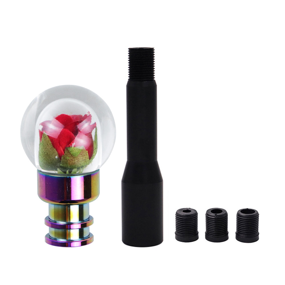 Brand New Universal Acrylic Clear Crystal Red Rose Flower Ball Manuel Gear Stick Shift Knob M8 M10 M12 & Black Shifter Extender Extension