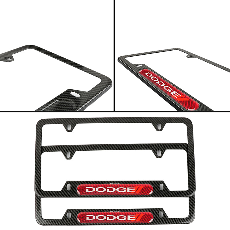 Brand New Universal 2PCS Dodge Carbon Fiber Look Metal License Plate Frame