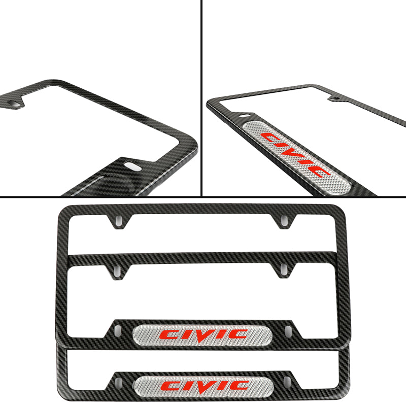 Brand New Universal 2PCS CIVIC Carbon Fiber Look Metal License Plate Frame