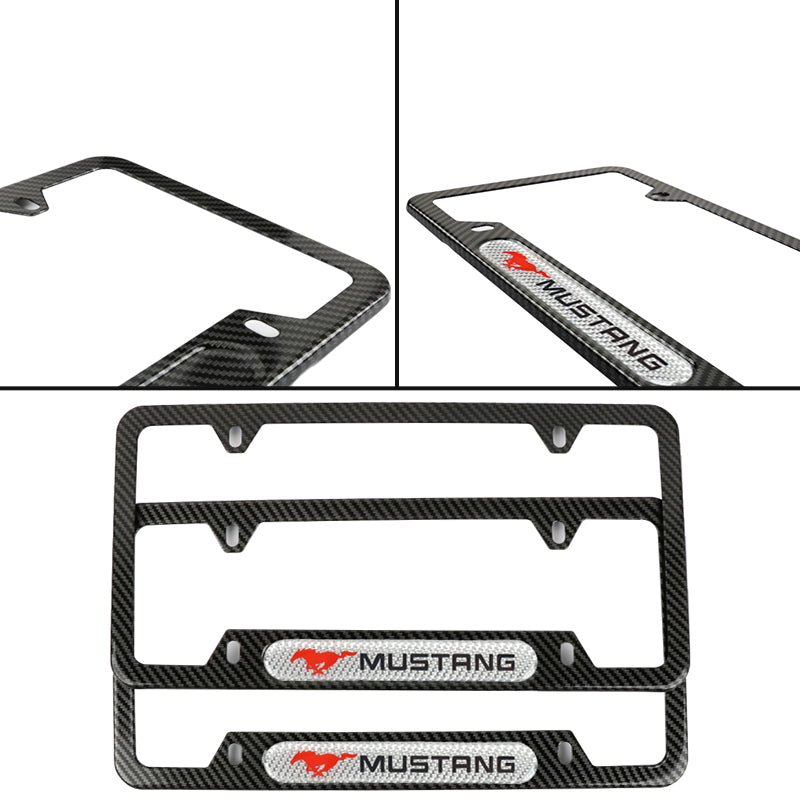 Brand New Universal 2PCS Mustang Carbon Fiber Look Metal License Plate Frame