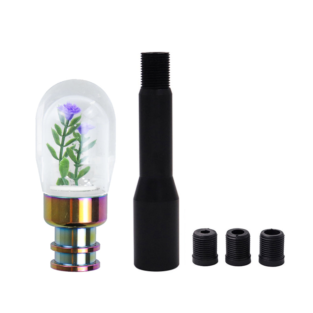 Brand New Acrylic Clear Crystal Purple Flower Long Manuel Gear Stick Shift Knob M8 M10 M12 & Black Shifter Extender Extension