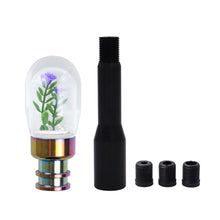 Load image into Gallery viewer, Brand New Acrylic Clear Crystal Purple Flower Long Manuel Gear Stick Shift Knob M8 M10 M12 &amp; Black Shifter Extender Extension