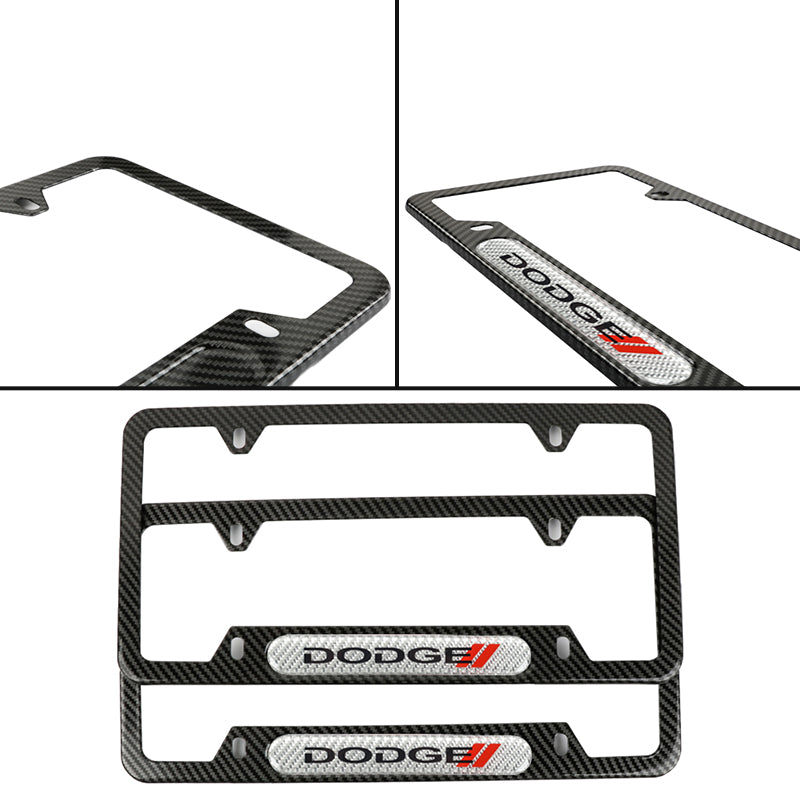 Brand New Universal 2PCS Dodge Carbon Fiber Look Metal License Plate Frame