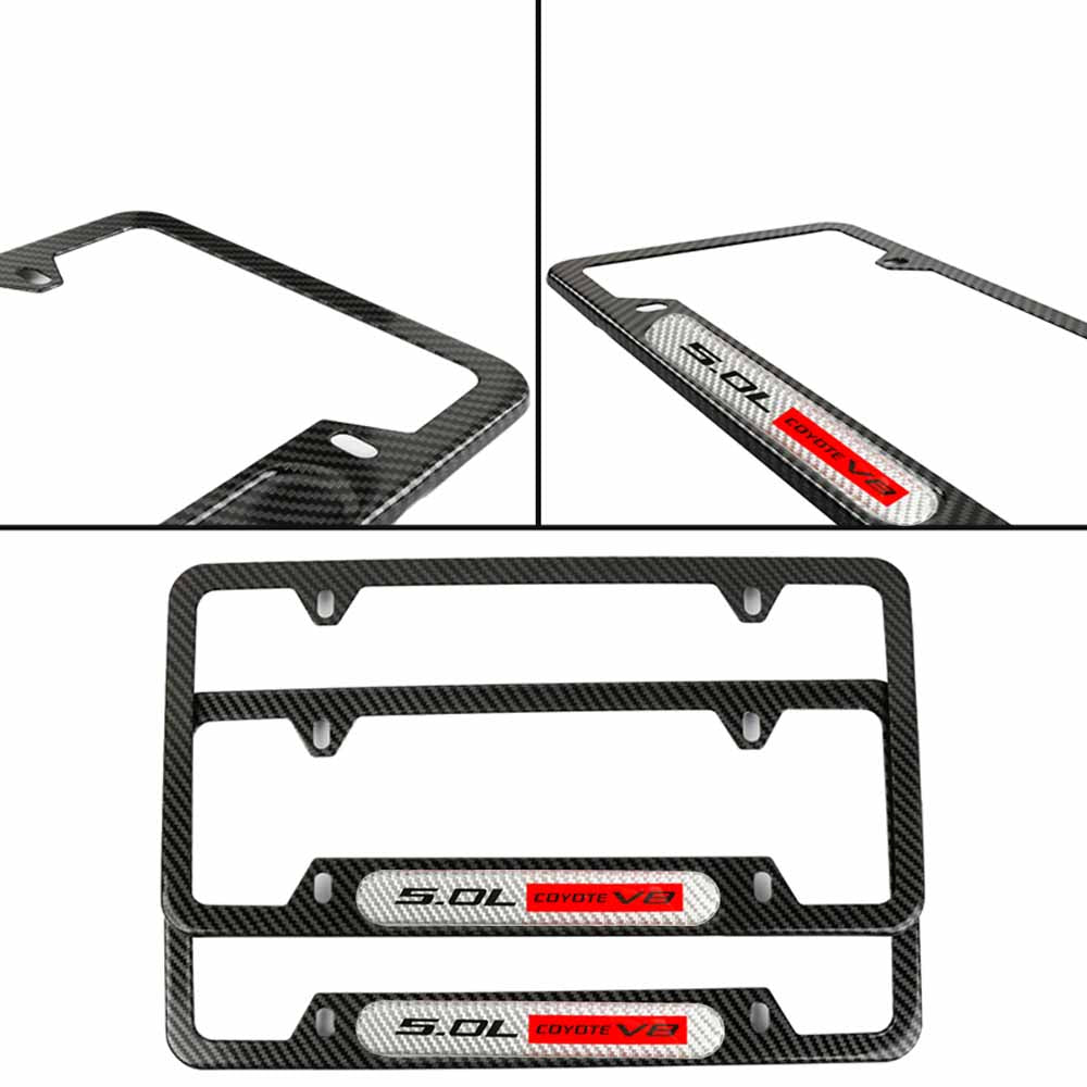 Brand New Universal 2PCS 5.0L COYOTE V8 Carbon Fiber Look Metal License Plate Frame