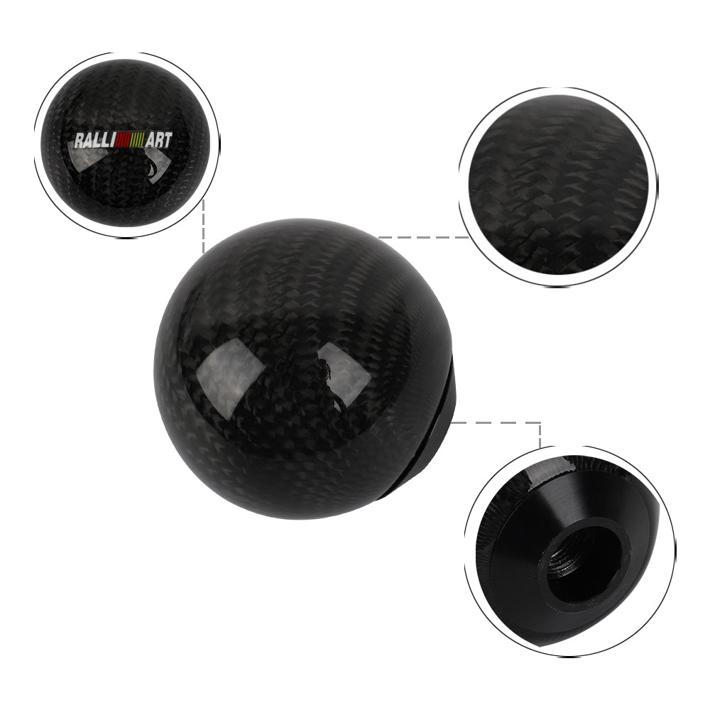 Brand New Universal Ralliart Car Gear Shift Knob Round Ball Shape Black Real Carbon Fiber M8 M10 M12