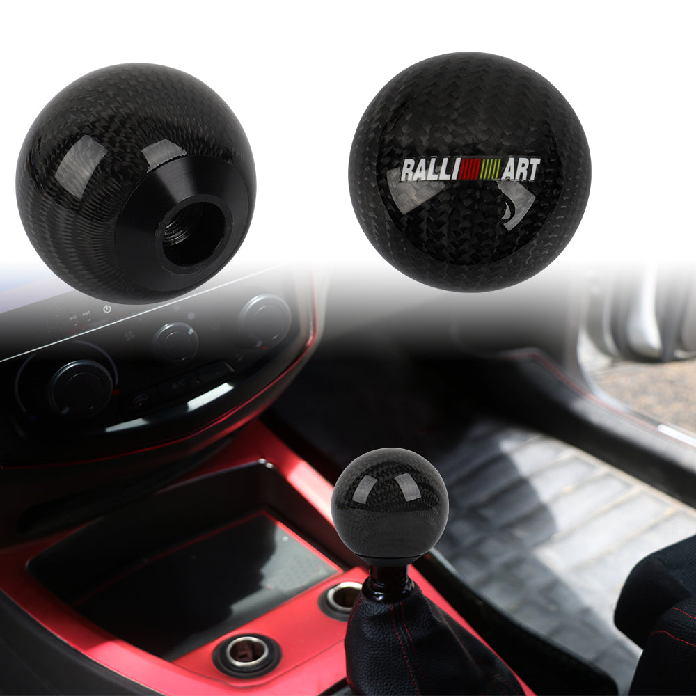 Brand New Universal Ralliart Car Gear Shift Knob Round Ball Shape Black Real Carbon Fiber M8 M10 M12