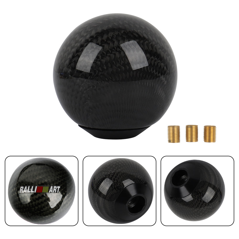 Brand New Universal Ralliart Car Gear Shift Knob Round Ball Shape Black Real Carbon Fiber M8 M10 M12