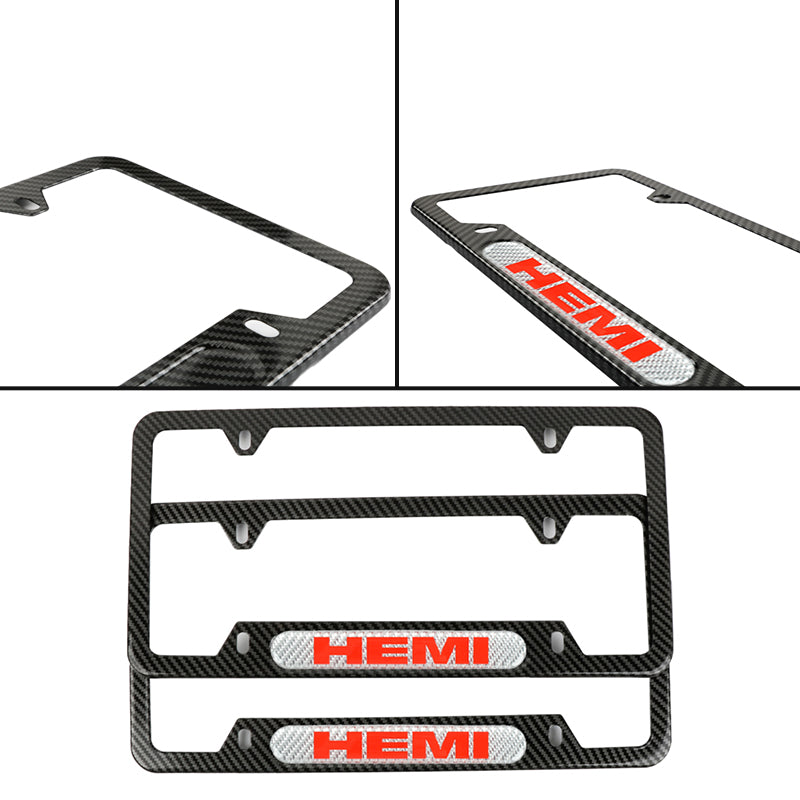 Brand New Universal 2PCS HEMI Carbon Fiber Look Metal License Plate Frame