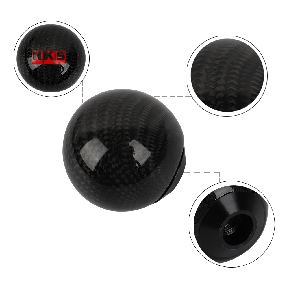 Brand New Universal HKS Car Gear Shift Knob Round Ball Shape Black Real Carbon Fiber M8 M10 M12