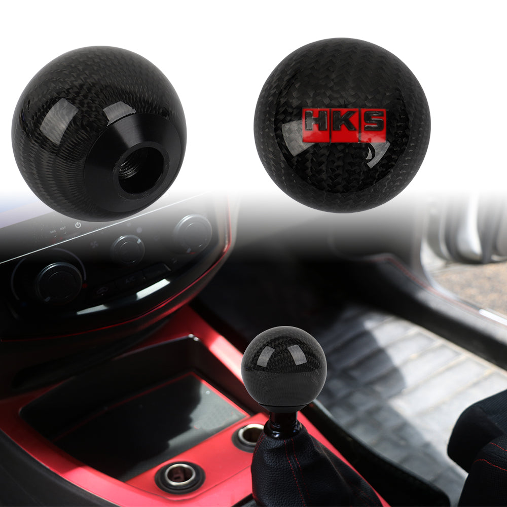 Brand New Universal HKS Car Gear Shift Knob Round Ball Shape Black Real Carbon Fiber M8 M10 M12