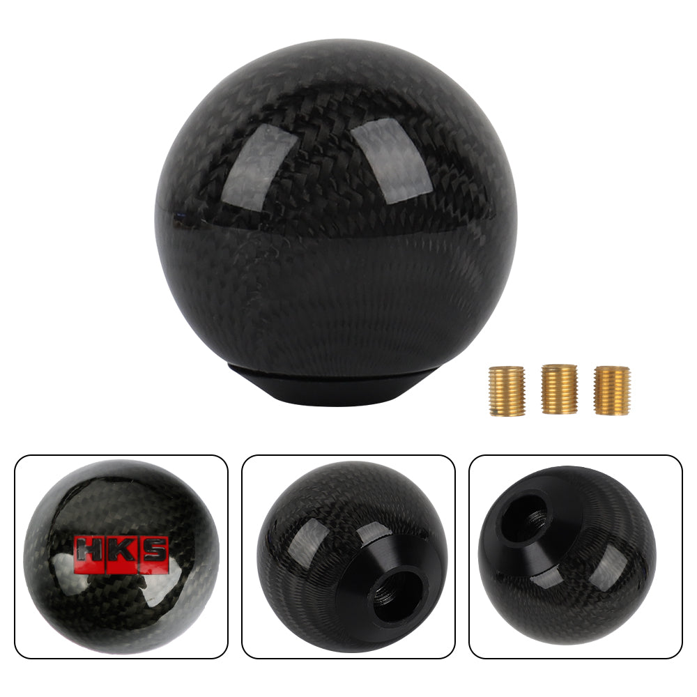 Brand New Universal HKS Car Gear Shift Knob Round Ball Shape Black Real Carbon Fiber M8 M10 M12