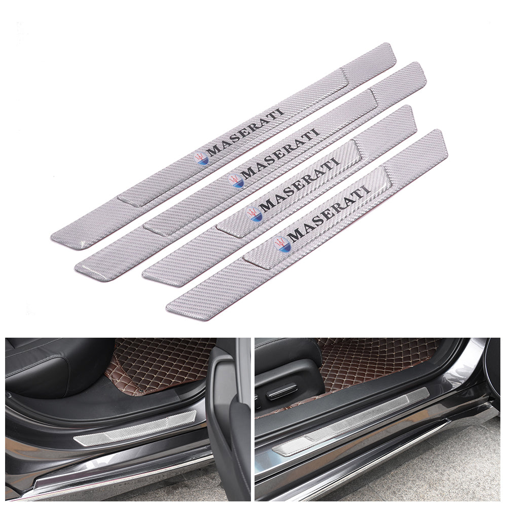 Brand New 4PCS Universal Maserati Real Carbon Fiber Silver Car Door Scuff Sill Cover Panel Step Protector