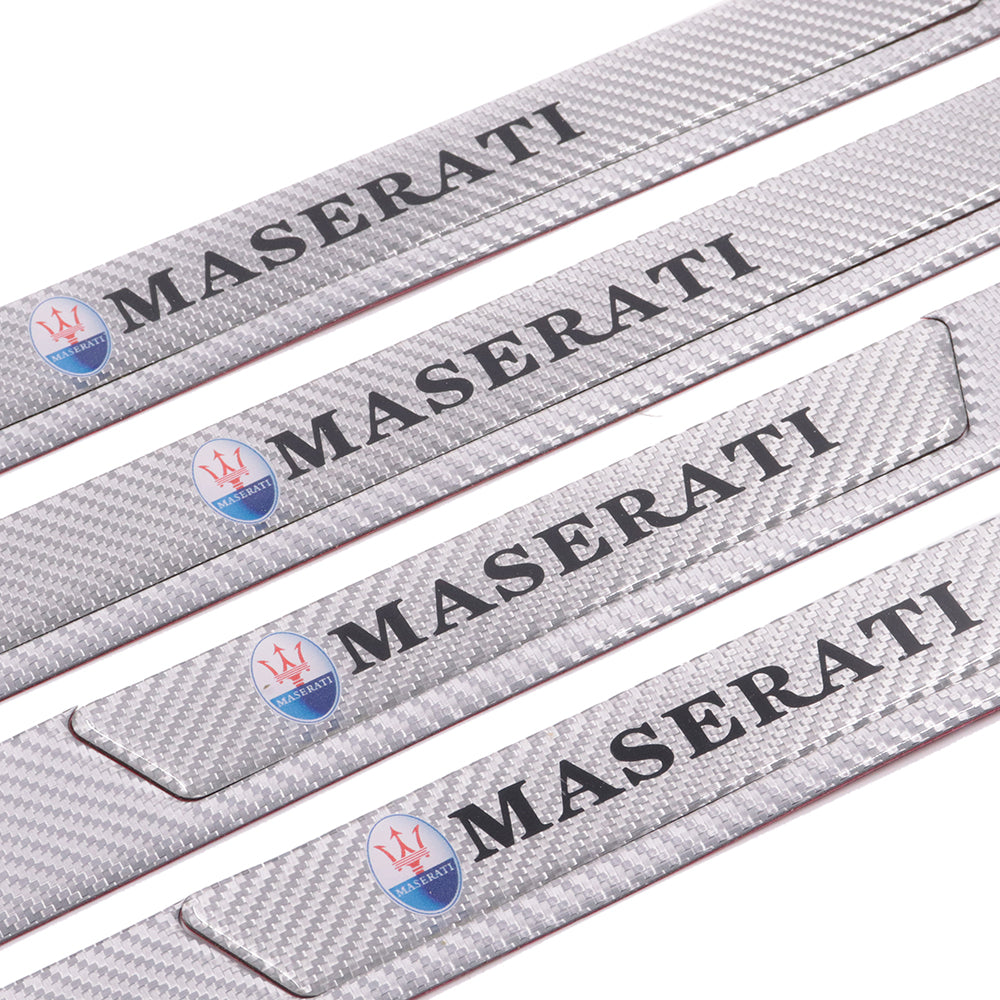 Brand New 4PCS Universal Maserati Real Carbon Fiber Silver Car Door Scuff Sill Cover Panel Step Protector