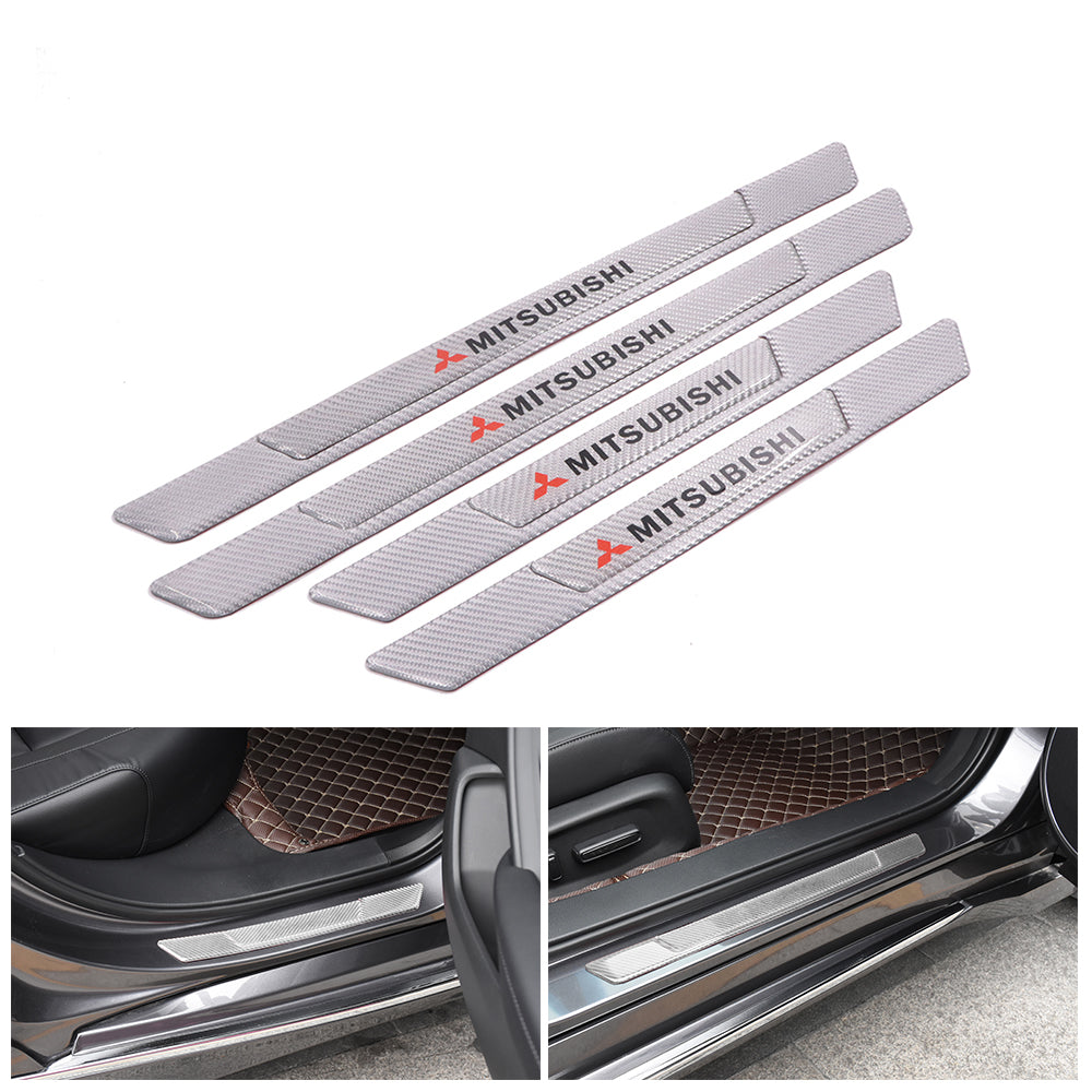 Brand New 4PCS Universal Mitsubishi Real Carbon Fiber Silver Car Door Scuff Sill Cover Panel Step Protector