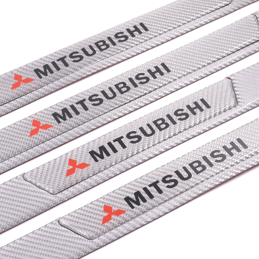 Brand New 4PCS Universal Mitsubishi Real Carbon Fiber Silver Car Door Scuff Sill Cover Panel Step Protector