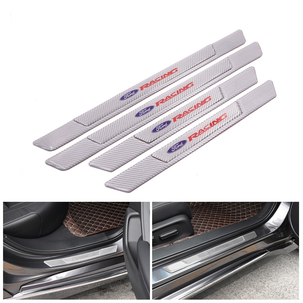 Brand New 4PCS Universal Ford Racing Real Carbon Fiber Silver Car Door Scuff Sill Cover Panel Step Protector