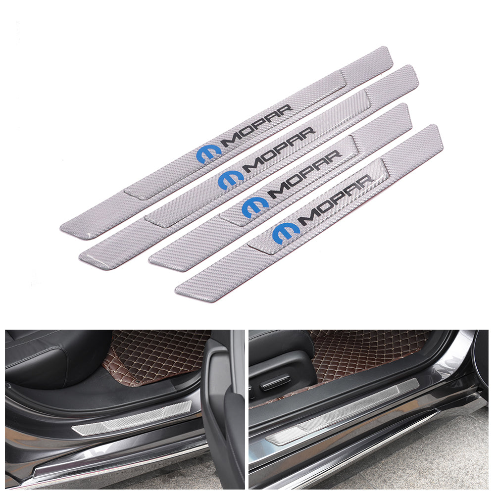 Brand New 4PCS Universal Mopar Real Carbon Fiber Silver Car Door Scuff Sill Cover Panel Step Protector