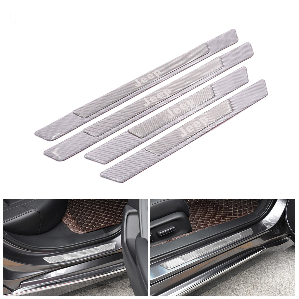 Brand New 4PCS Universal Jeep Real Carbon Fiber Silver Car Door Scuff Sill Cover Panel Step Protector