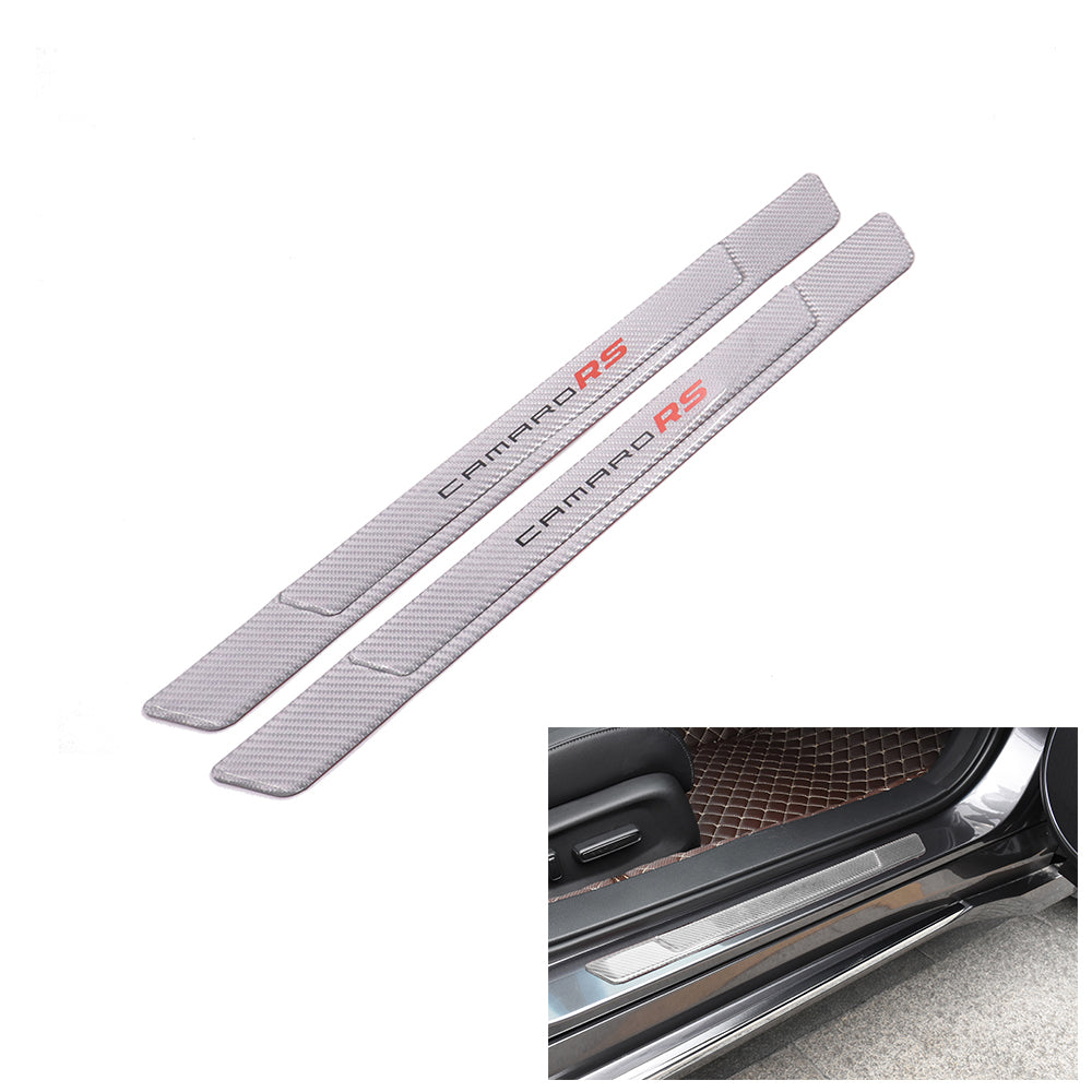 Brand New 2PCS Universal CAMARO RS Real Carbon Fiber Silver Car Door Scuff Sill Cover Panel Step Protector