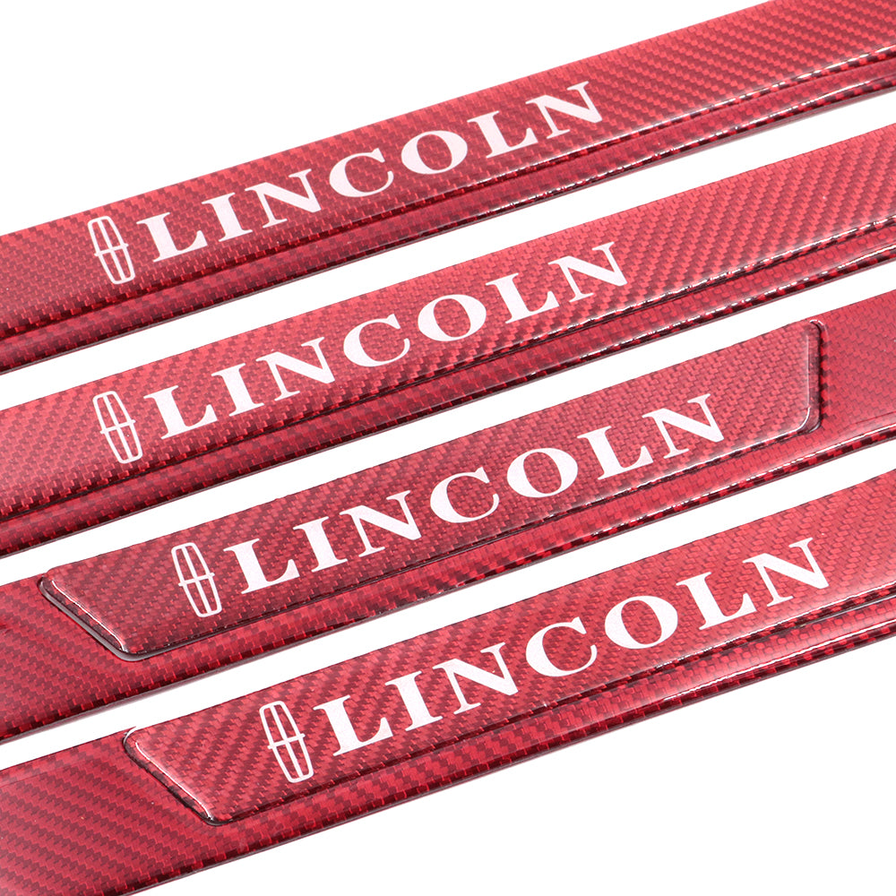 Brand New 4PCS Universal Lincoln Real Carbon Fiber Red Car Door Scuff Sill Cover Panel Step Protector