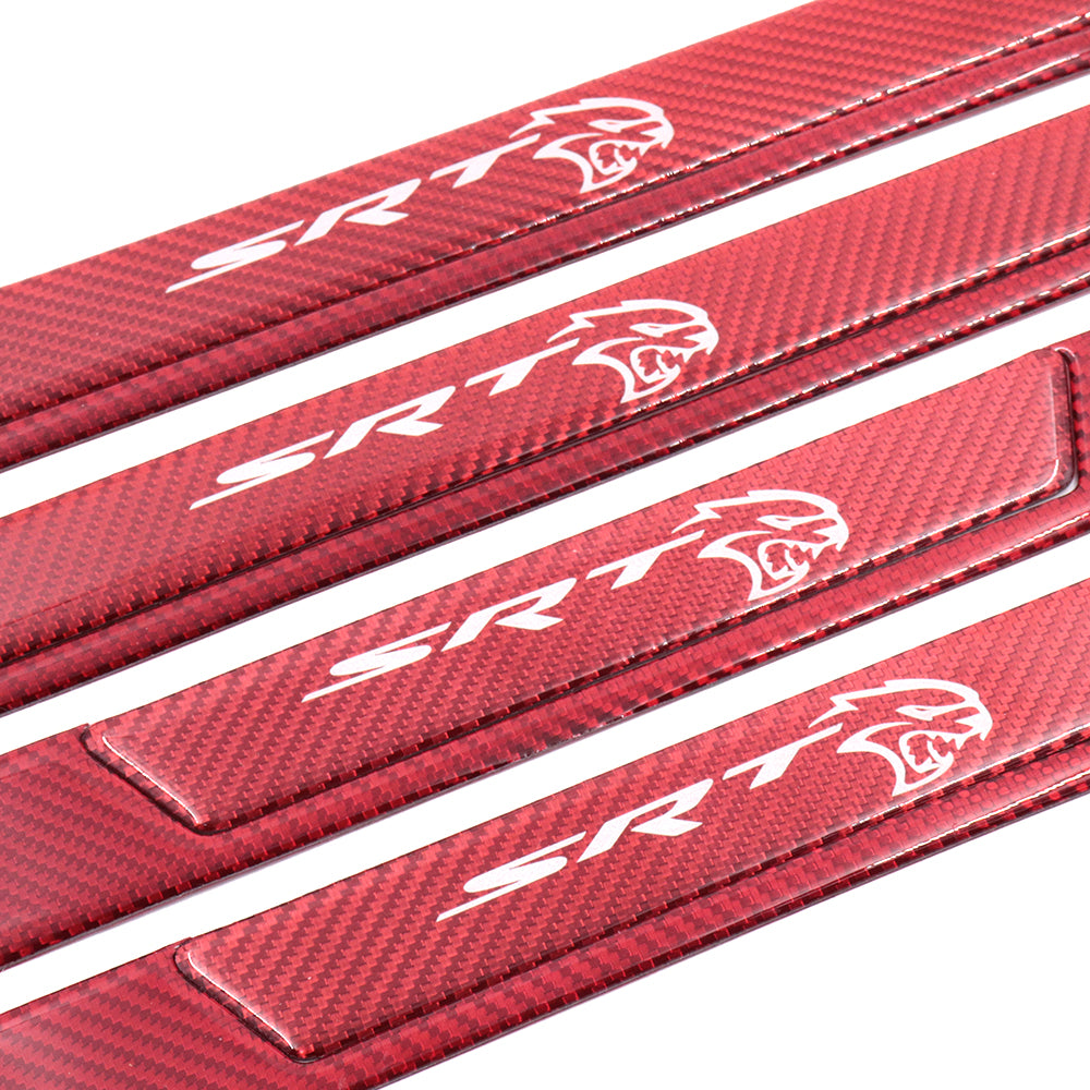 Brand New 4PCS Universal SRT HELLCAT Real Carbon Fiber Red Car Door Scuff Sill Cover Panel Step Protector