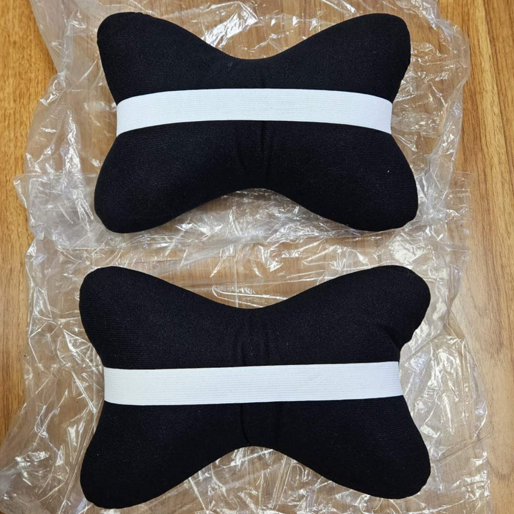 BRAND NEW 2PCS BRIDE BONE SHAPE BLACK FABRIC SOFT TOUCH CAR SEAT NECK PILLOWS HEADREST CUSHION PAD