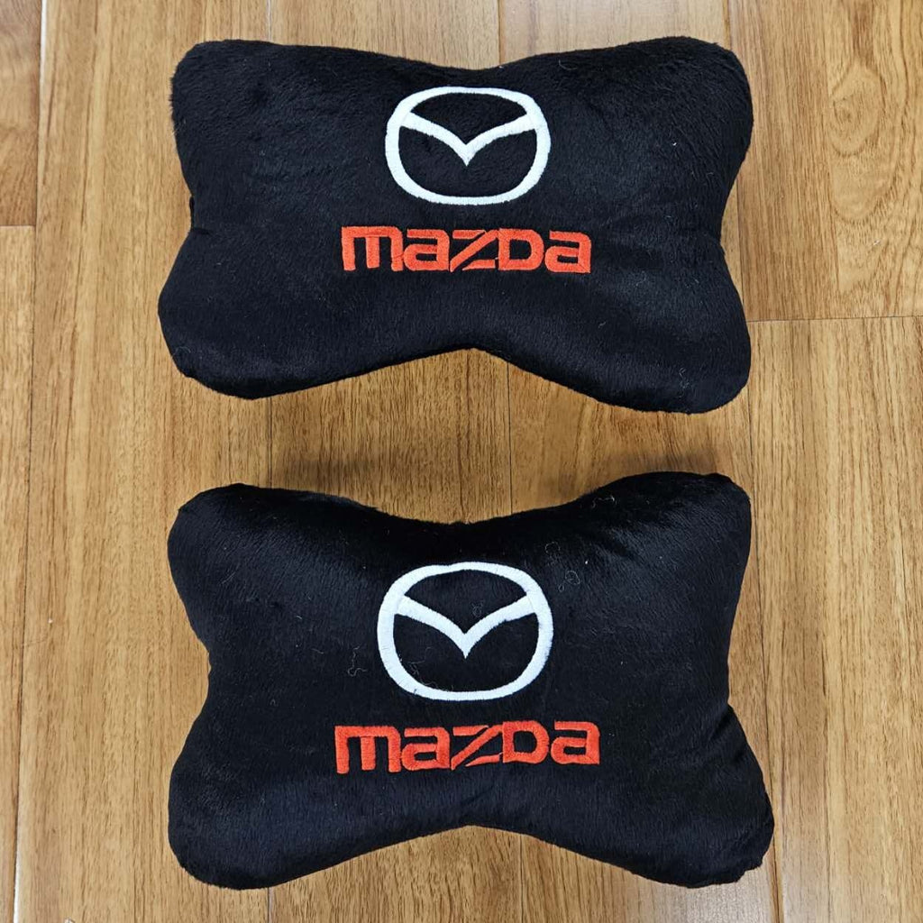 BRAND NEW 2PCS MAZDA BONE SHAPE BLACK FABRIC SOFT TOUCH CAR SEAT NECK PILLOWS HEADREST CUSHION PAD