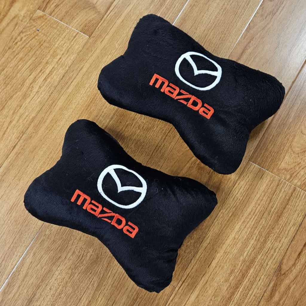 BRAND NEW 2PCS MAZDA BONE SHAPE BLACK FABRIC SOFT TOUCH CAR SEAT NECK PILLOWS HEADREST CUSHION PAD