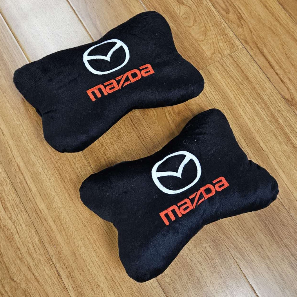 BRAND NEW 2PCS MAZDA BONE SHAPE BLACK FABRIC SOFT TOUCH CAR SEAT NECK PILLOWS HEADREST CUSHION PAD