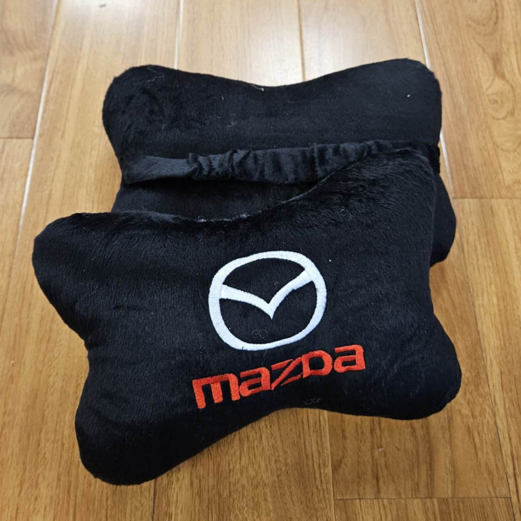 BRAND NEW 2PCS MAZDA BONE SHAPE BLACK FABRIC SOFT TOUCH CAR SEAT NECK PILLOWS HEADREST CUSHION PAD