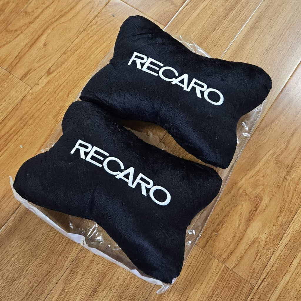 BRAND NEW 2PCS RECARO BONE SHAPE BLACK FABRIC SOFT TOUCH CAR SEAT NECK PILLOWS HEADREST CUSHION PAD