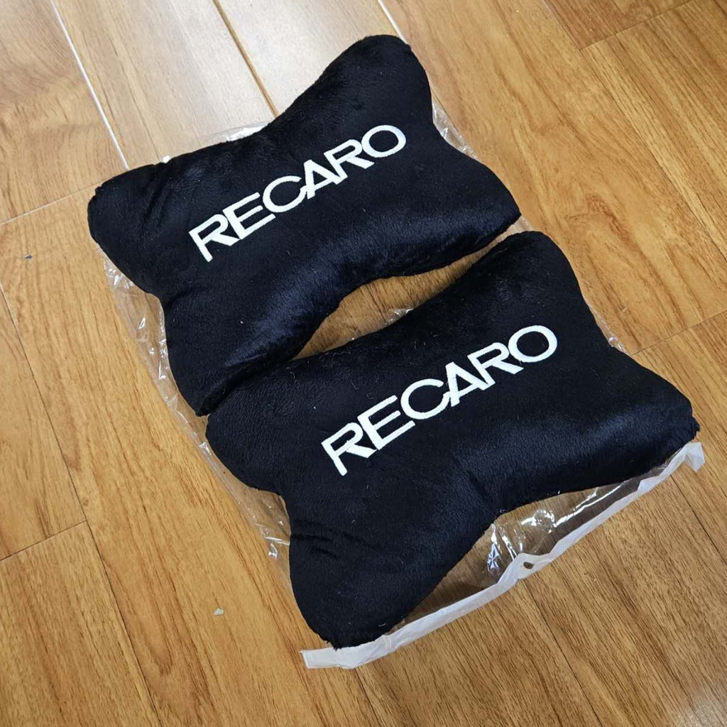 BRAND NEW 2PCS RECARO BONE SHAPE BLACK FABRIC SOFT TOUCH CAR SEAT NECK PILLOWS HEADREST CUSHION PAD