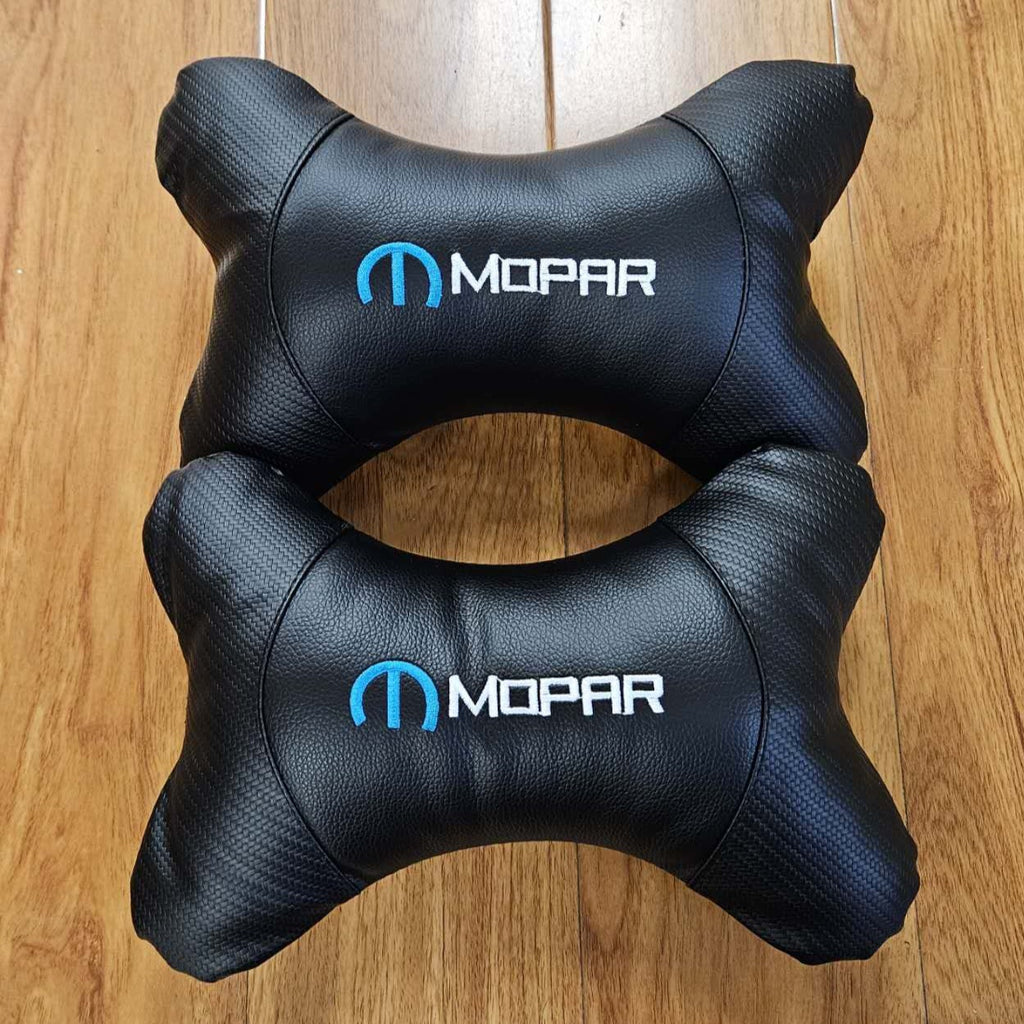 BRAND NEW 2PCS MOPAR BONE SHAPE CARBON FIBER LEATHER CAR SEAT NECK PILLOW HEADREST CUSHION