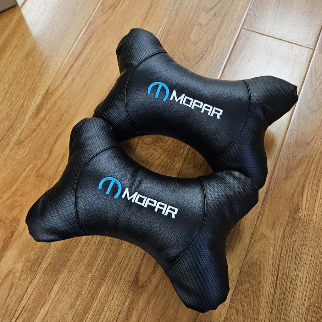 BRAND NEW 2PCS MOPAR BONE SHAPE CARBON FIBER LEATHER CAR SEAT NECK PILLOW HEADREST CUSHION